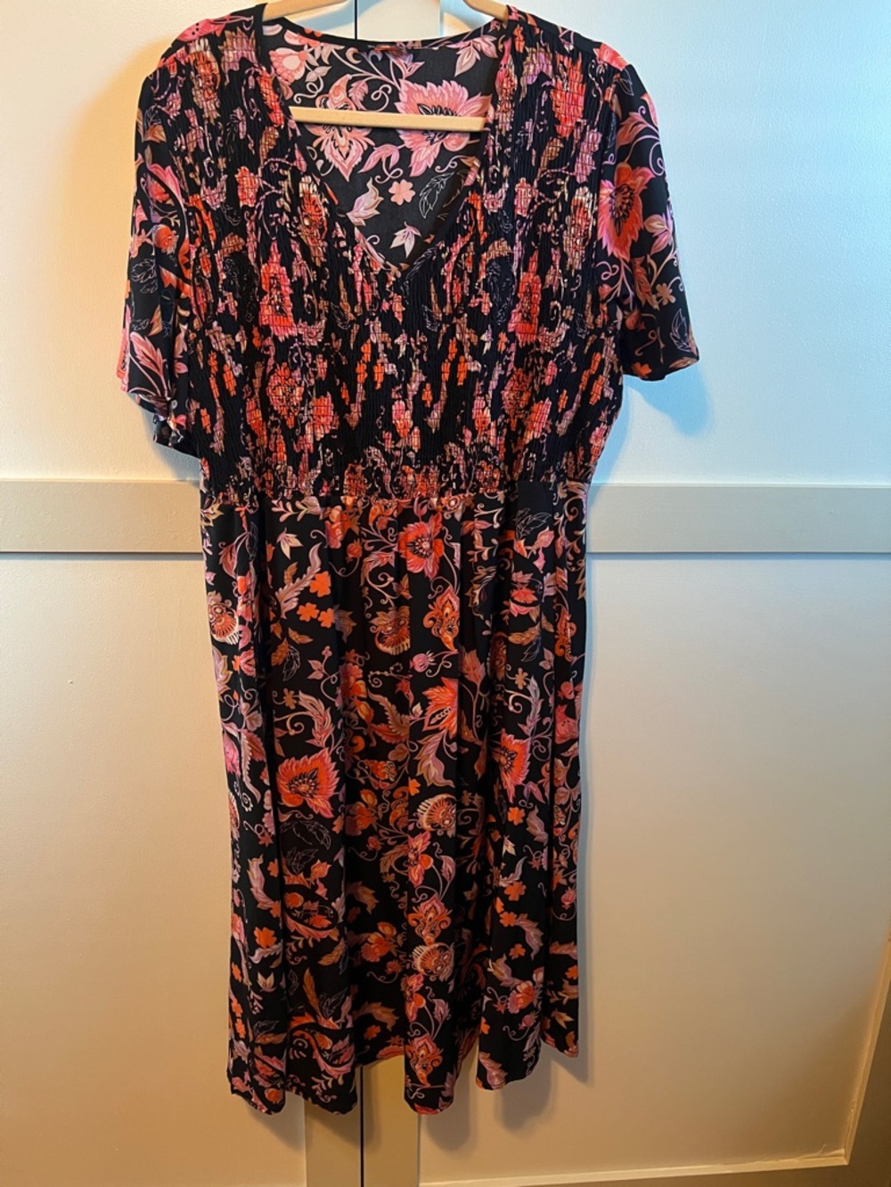 BloomChic Black Midi Dress with Pink and Orange Floral Print